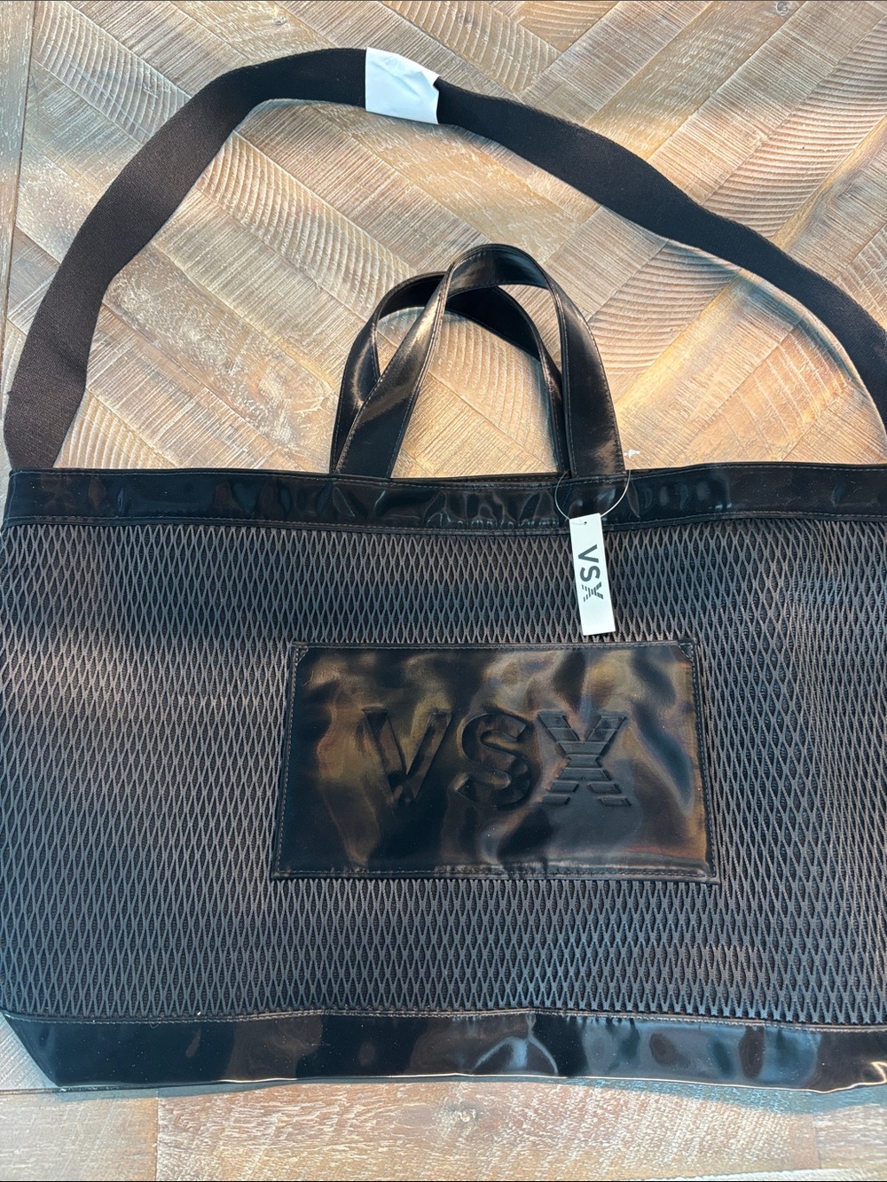 VSX Black Mesh Tote with Patent Trim and VSX Patch